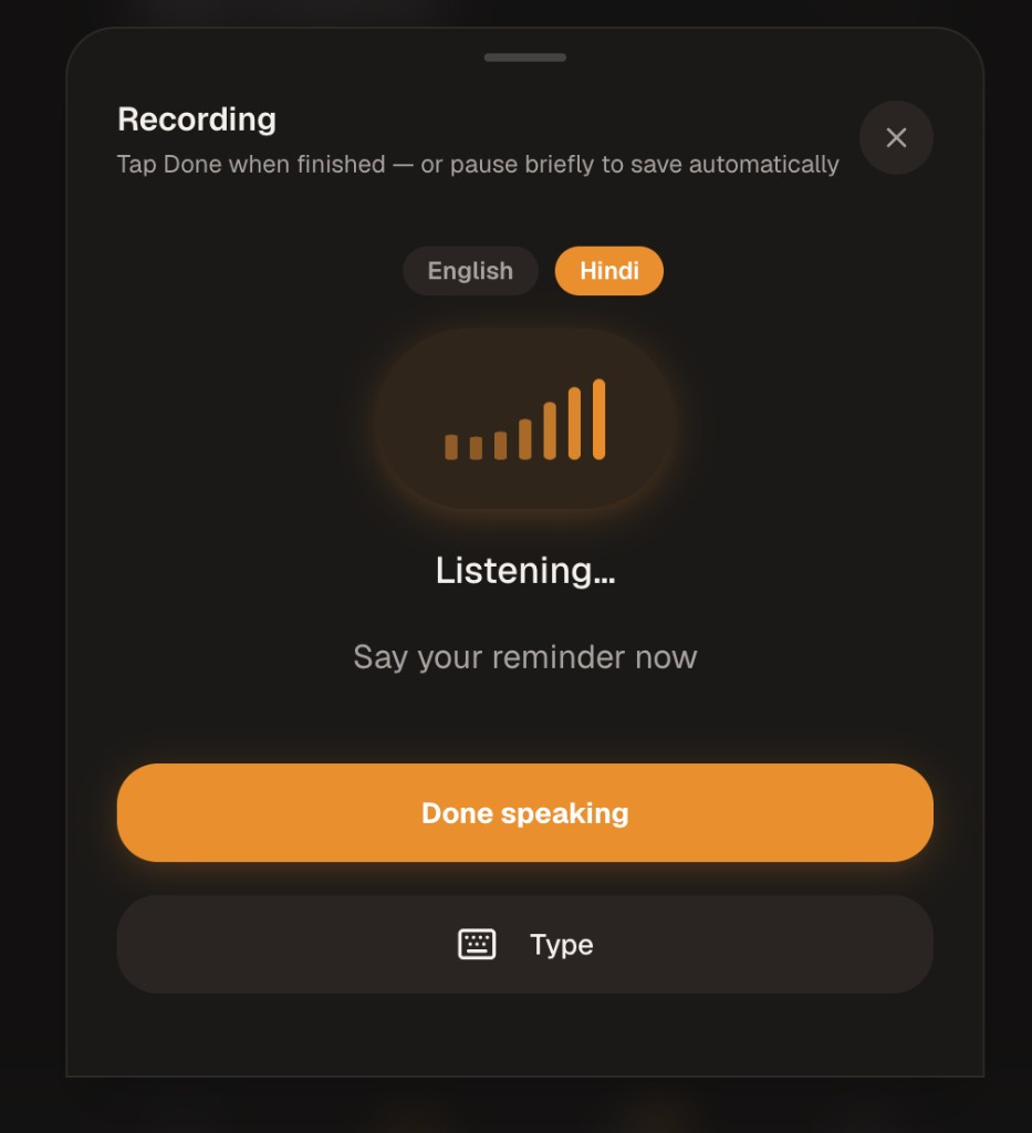 Sortedays voice capture in English or Hindi